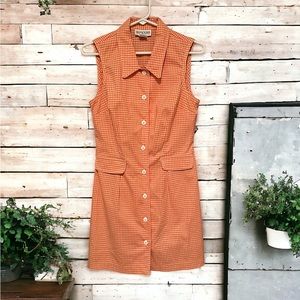 Vintage RUMOURS orange gingham plaid sleeveless button down shift / shirt dress